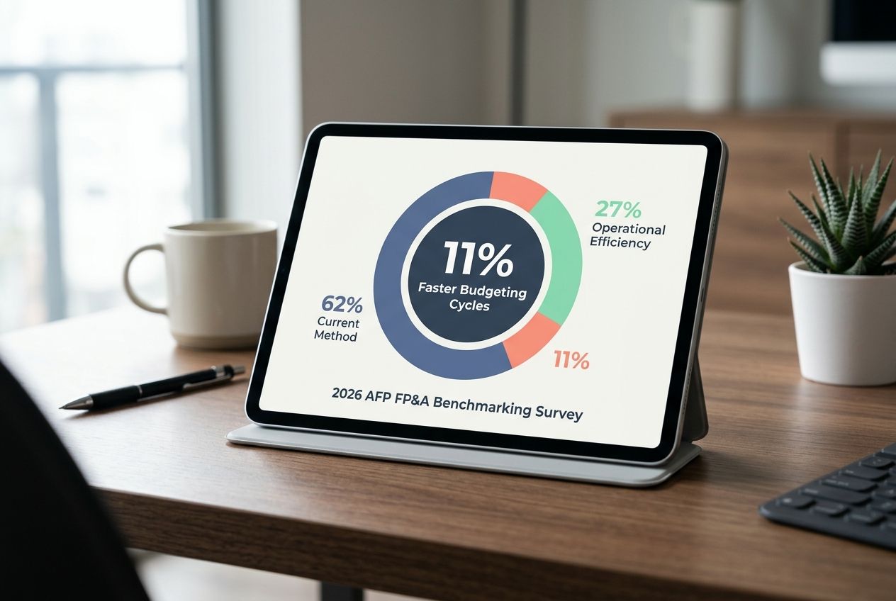 A digital tablet displaying a donut chart showing 11% faster budgeting cycles based on the 2026 AFP FP&A Benchmarking Survey.